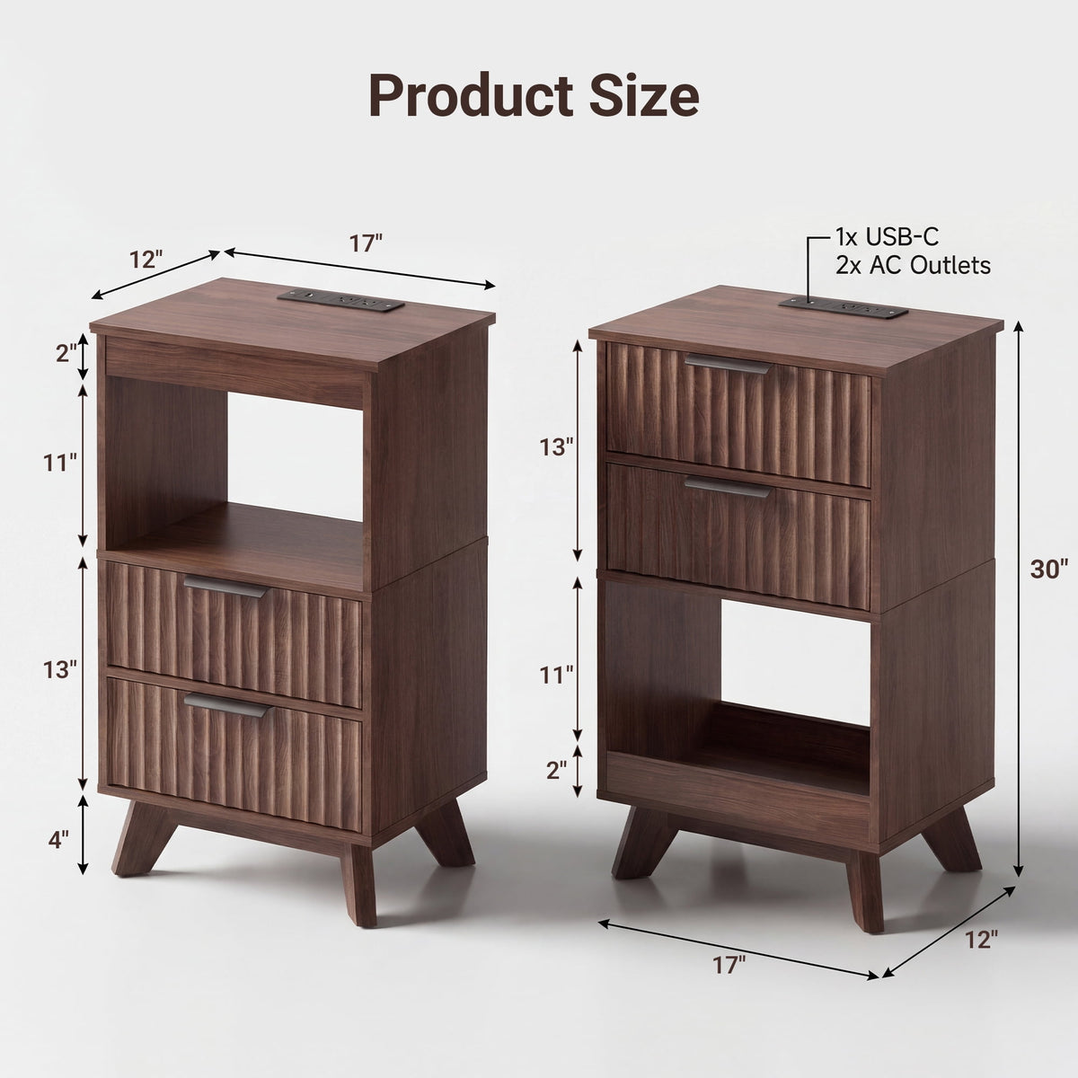 YDN Modern Tall Nightstand Set of 2 - Bedside Table with Fluted Design & Charging Station, Wooden Bedsides End Table with 2 Drawers and Storage Shelf for Bedroom, Living Room,Walnut