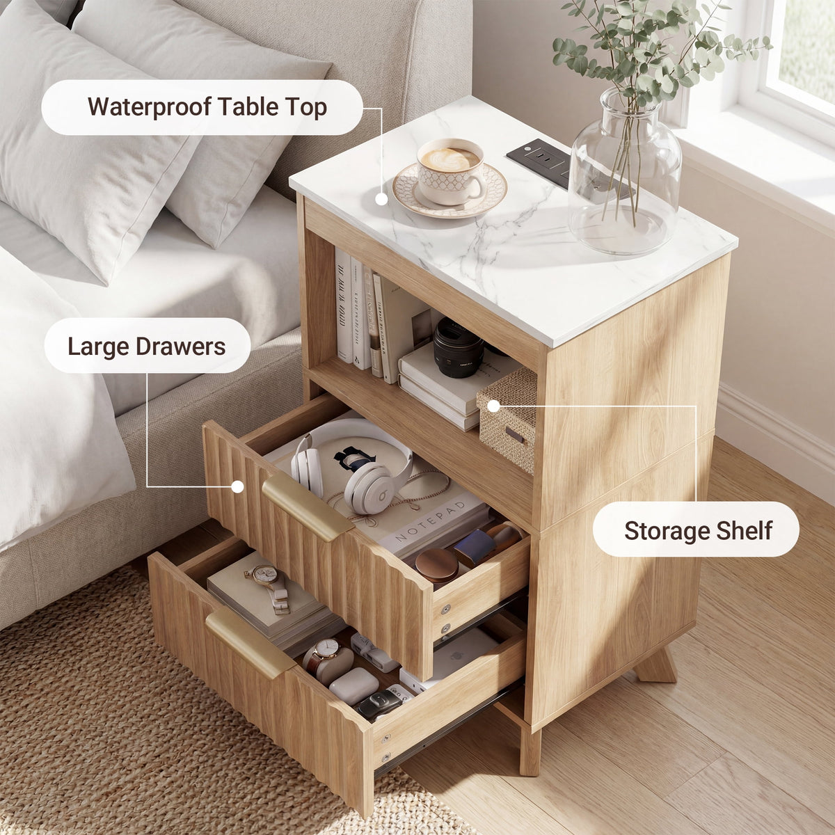 YDN Tall Nightstand Set of 2 - Modern Bedside Table with Fluted Design & Charging Station, Wooden Bedsides End Table with 2 Drawers and Storage Shelf for Bedroom, Living Room,Nature