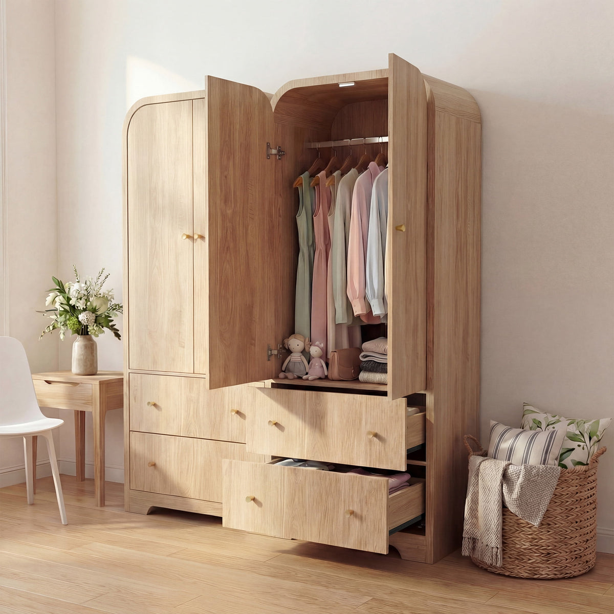 YDN Modern Arched Wardrobe Closet - 70" Wardrobe Closet Armoire with 2 Doors & Hanging Rod, Wooden Armoire Wardrobe Closet with Drawers Tall Armoires Storage Organizers for Bedroom,Nature Finish