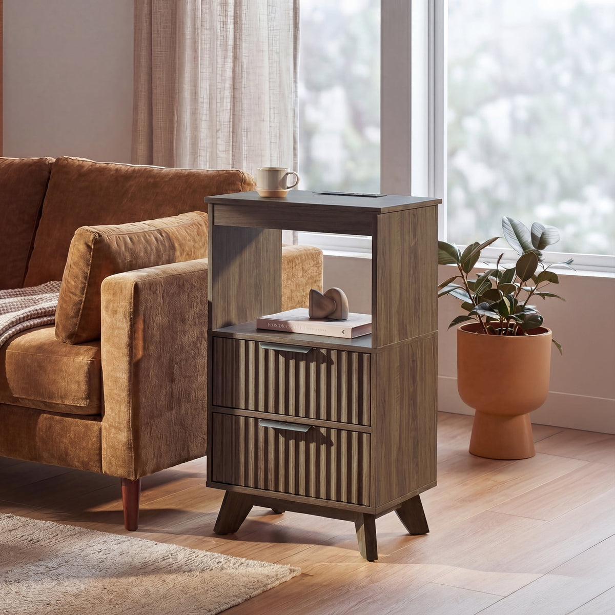 YDN Modern Tall Nightstand Set of 2 - Bedside Table with Fluted Design & Charging Station, Wooden Bedsides End Table with 2 Drawers and Storage Shelf for Bedroom, Living Room,Walnut