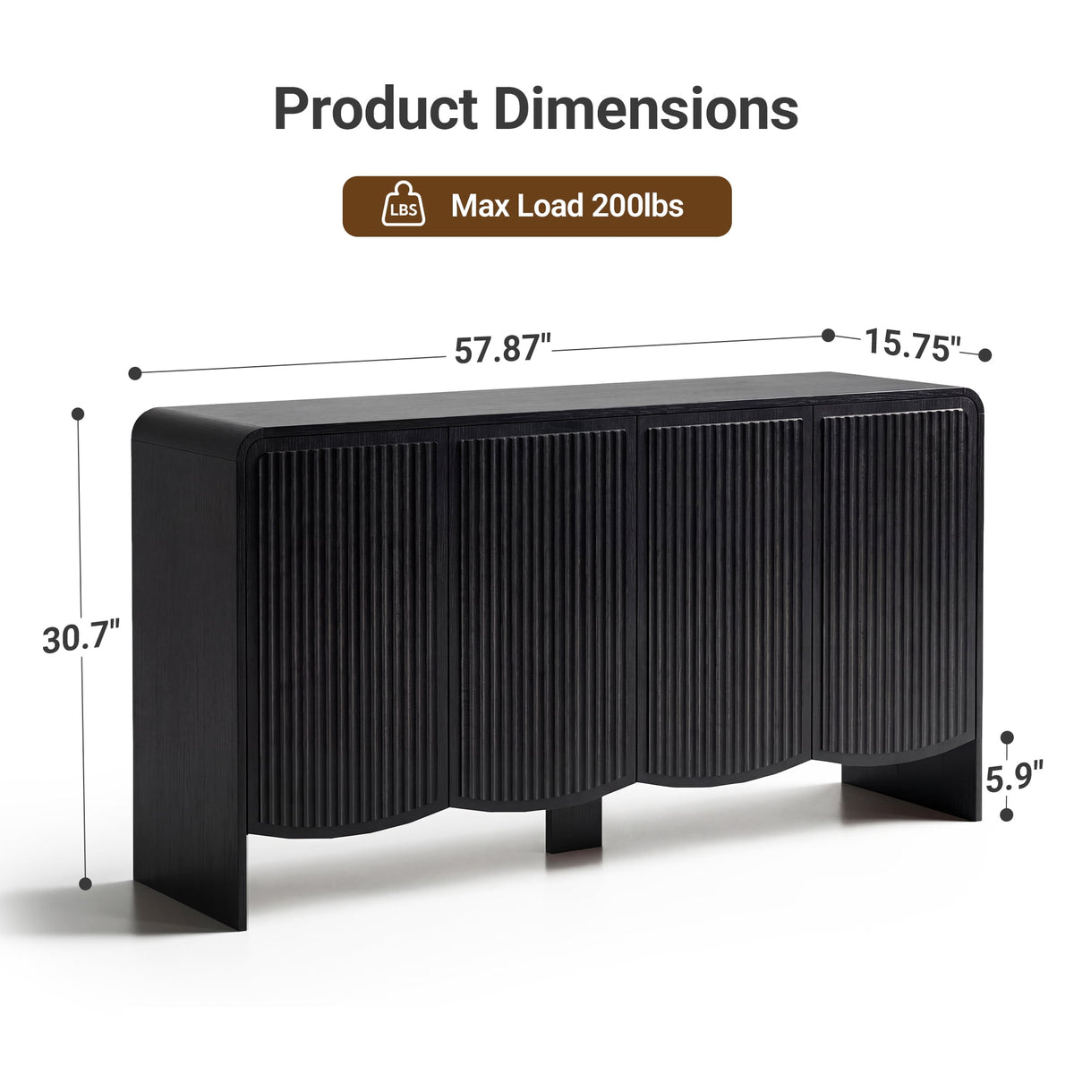 YDN Modern Sideboards and Buffets - 58" Sideboard Cabinet with Rounded Edges, Wood Buffet Cabinet with W/4 Doors & Adjustable Shelves,Fluted Accent Cabinet for Kitchen Living Room Entryway,Black