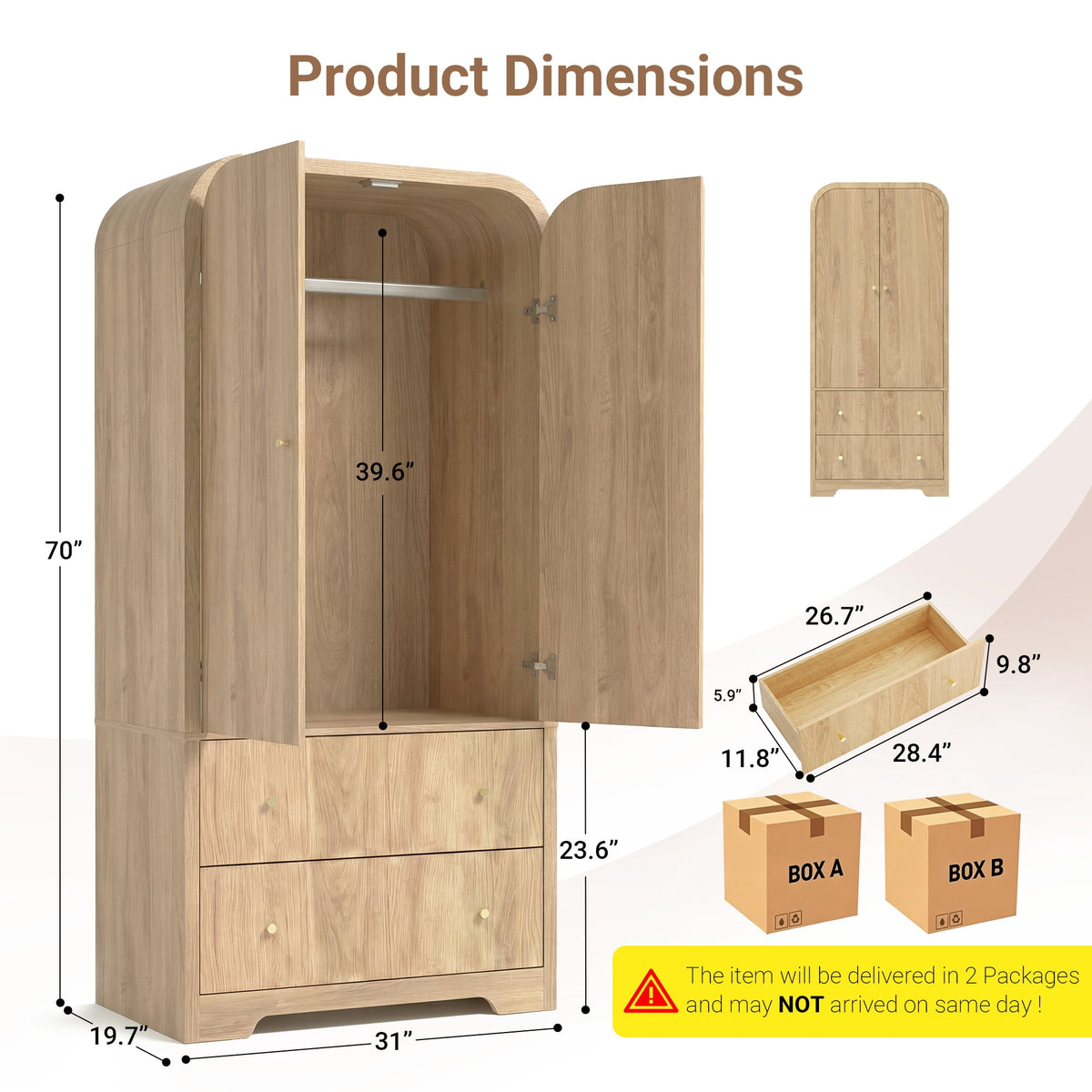 YDN Modern Arched Wardrobe Closet - 70" Wardrobe Closet Armoire with 2 Doors & Hanging Rod, Wooden Armoire Wardrobe Closet with Drawers Tall Armoires Storage Organizers for Bedroom,Nature Finish