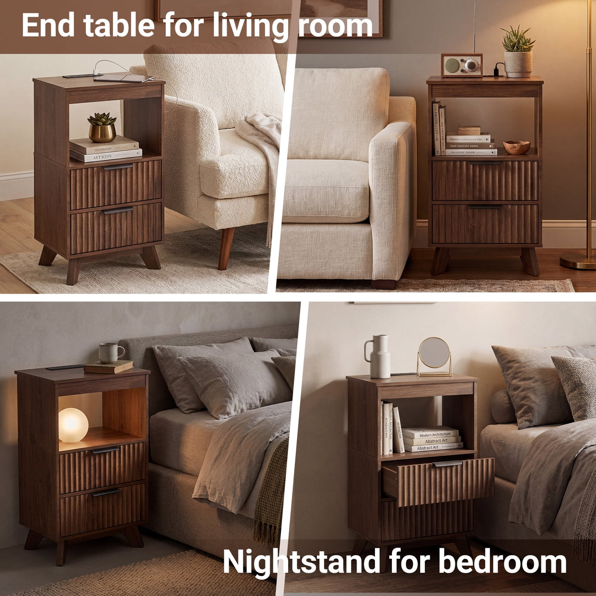 YDN Modern Tall Nightstand Set of 2 - Bedside Table with Fluted Design & Charging Station, Wooden Bedsides End Table with 2 Drawers and Storage Shelf for Bedroom, Living Room,Walnut