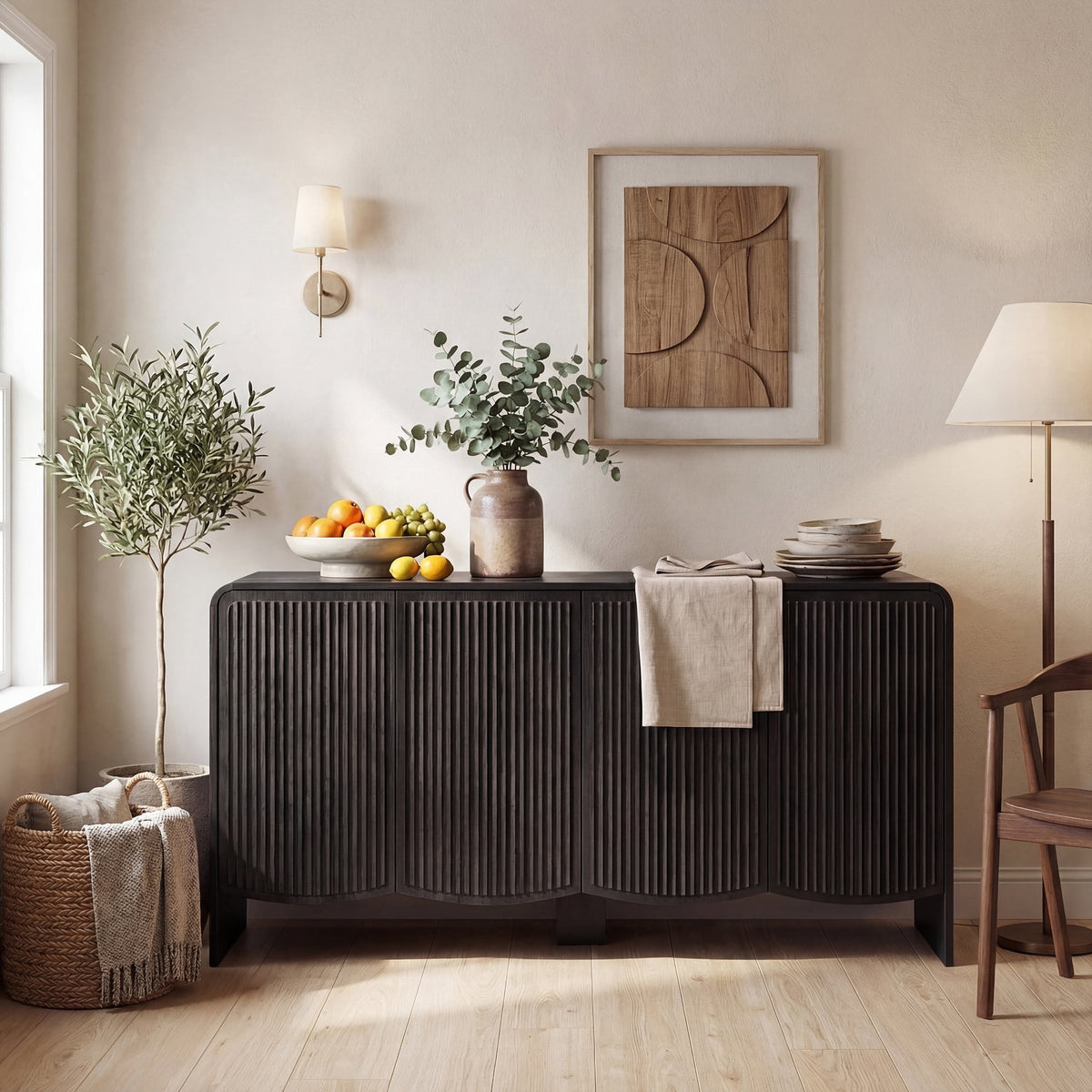 YDN Modern Sideboards and Buffets - 58" Sideboard Cabinet with Rounded Edges, Wood Buffet Cabinet with W/4 Doors & Adjustable Shelves,Fluted Accent Cabinet for Kitchen Living Room Entryway,Black