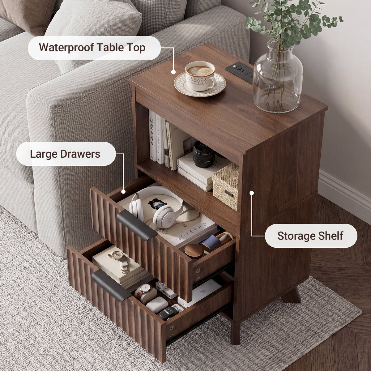 YDN Modern Tall Nightstand Set of 2 - Bedside Table with Fluted Design & Charging Station, Wooden Bedsides End Table with 2 Drawers and Storage Shelf for Bedroom, Living Room,Walnut