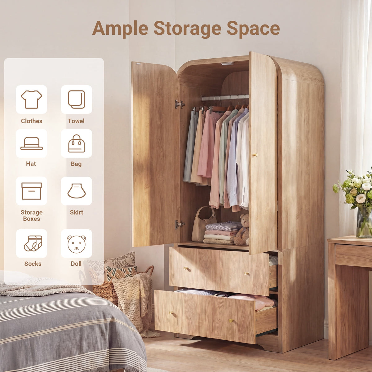 YDN Modern Arched Wardrobe Closet - 70" Wardrobe Closet Armoire with 2 Doors & Hanging Rod, Wooden Armoire Wardrobe Closet with Drawers Tall Armoires Storage Organizers for Bedroom,Nature Finish