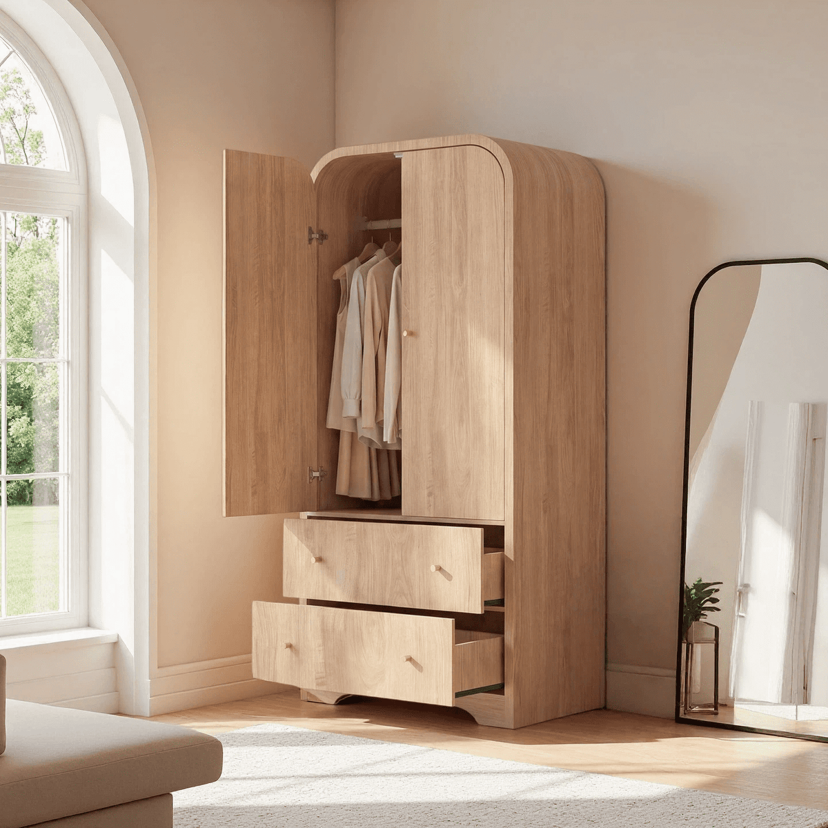 YDN Modern Arched Wardrobe Closet - 70" Wardrobe Closet Armoire with 2 Doors & Hanging Rod, Wooden Armoire Wardrobe Closet with Drawers Tall Armoires Storage Organizers for Bedroom,Nature Finish