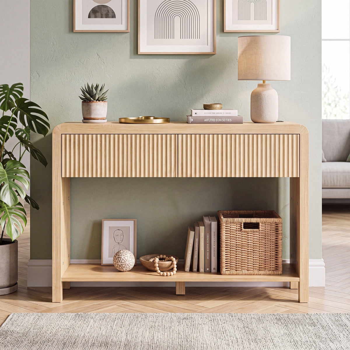YDN Fluted Console Sofa Table with Outlets,47" Curved Narrow Console Table with Open Shlef Behind Couch,2 Drawer Entryway Table for Entrance,Hallway,Living Room,Natural