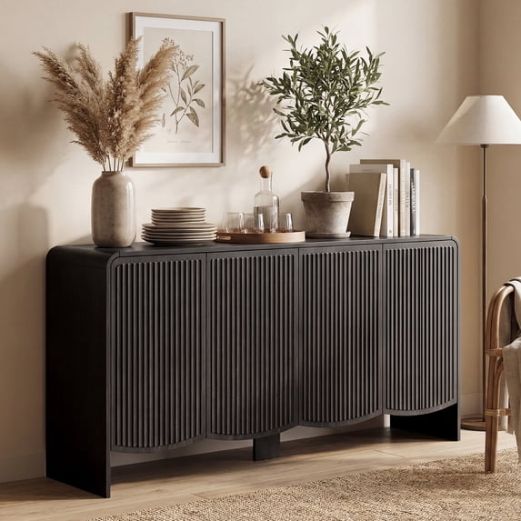 YDN Modern Sideboards and Buffets - 58" Sideboard Cabinet with Rounded Edges, Wood Buffet Cabinet with W/4 Doors & Adjustable Shelves,Fluted Accent Cabinet for Kitchen Living Room Entryway,Black