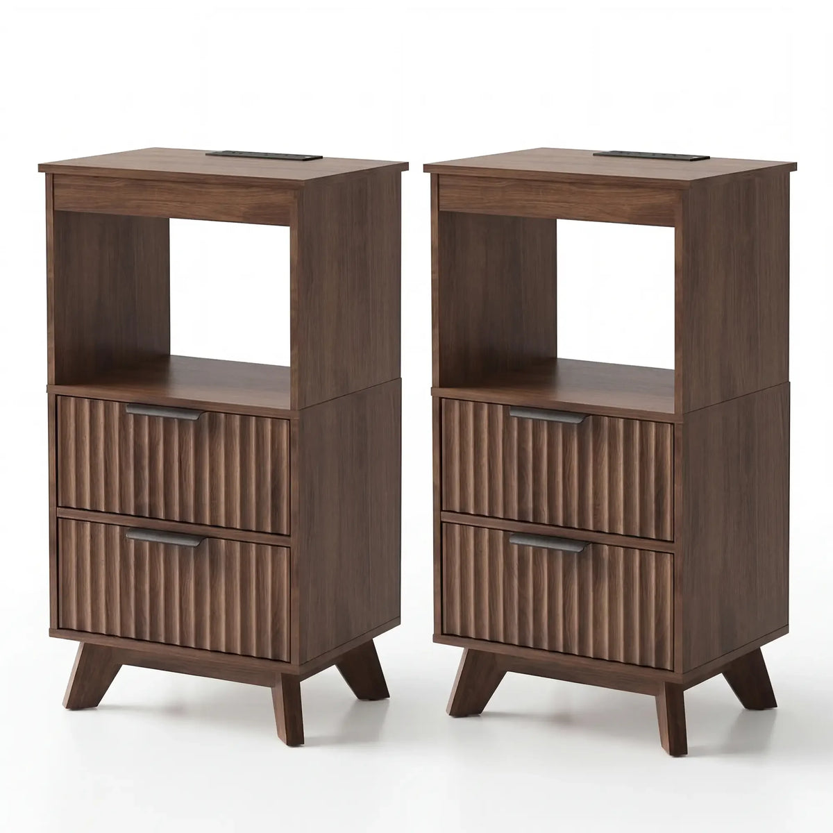 YDN Modern Tall Nightstand Set of 2 - Bedside Table with Fluted Design & Charging Station, Wooden Bedsides End Table with 2 Drawers and Storage Shelf for Bedroom, Living Room,Walnut