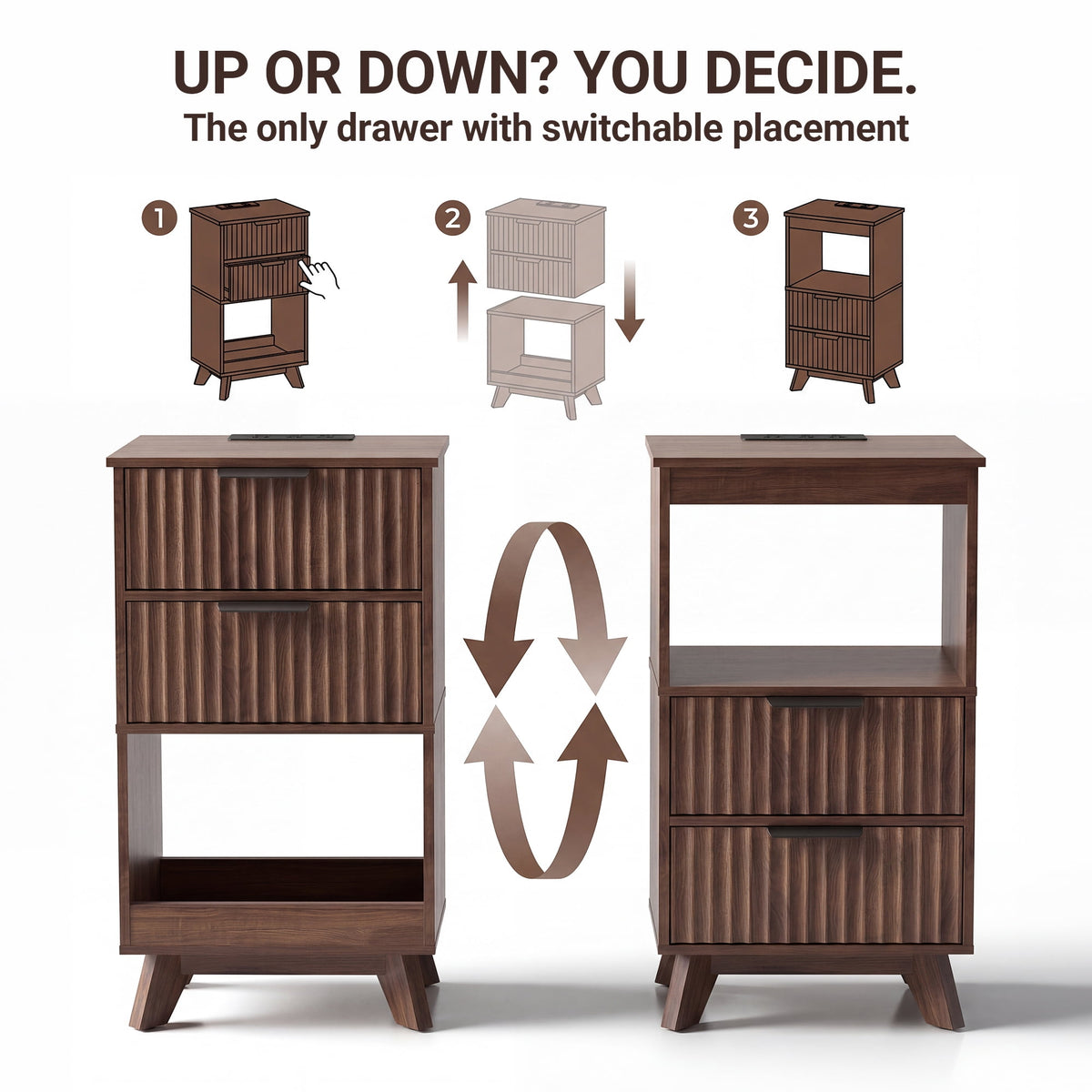 YDN Modern Tall Nightstand Set of 2 - Bedside Table with Fluted Design & Charging Station, Wooden Bedsides End Table with 2 Drawers and Storage Shelf for Bedroom, Living Room,Walnut