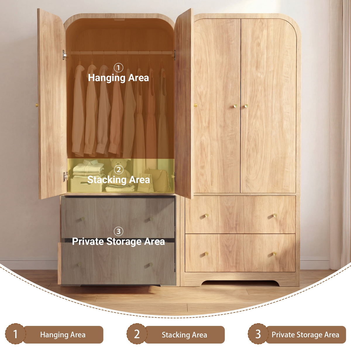 YDN Modern Arched Wardrobe Closet - 70" Wardrobe Closet Armoire with 2 Doors & Hanging Rod, Wooden Armoire Wardrobe Closet with Drawers Tall Armoires Storage Organizers for Bedroom,Nature Finish