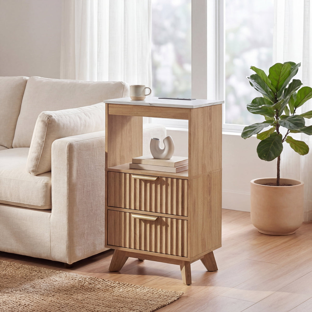 YDN Tall Nightstand Set of 2 - Modern Bedside Table with Fluted Design & Charging Station, Wooden Bedsides End Table with 2 Drawers and Storage Shelf for Bedroom, Living Room,Nature