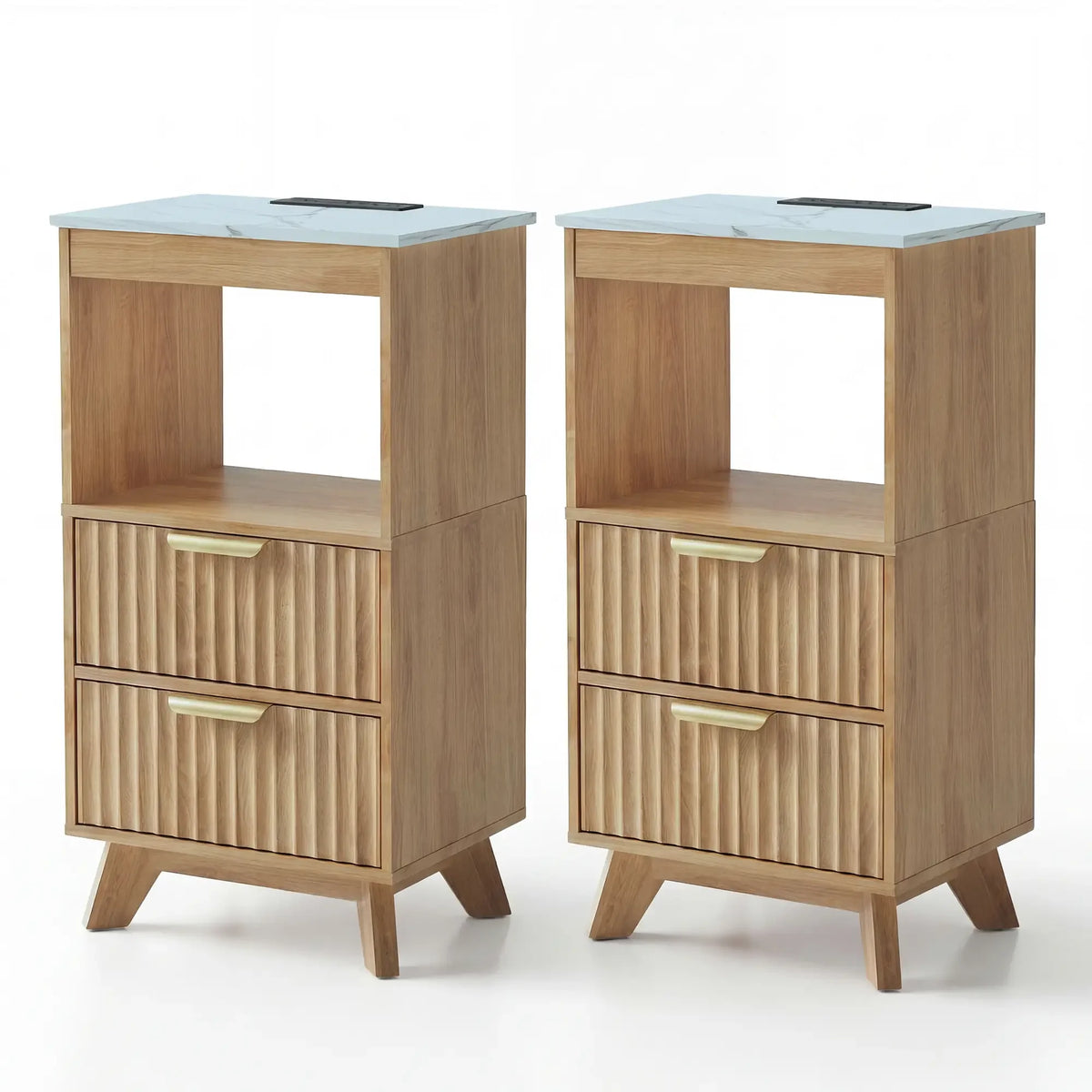 YDN Tall Nightstand Set of 2 - Modern Bedside Table with Fluted Design & Charging Station, Wooden Bedsides End Table with 2 Drawers and Storage Shelf for Bedroom, Living Room,Nature