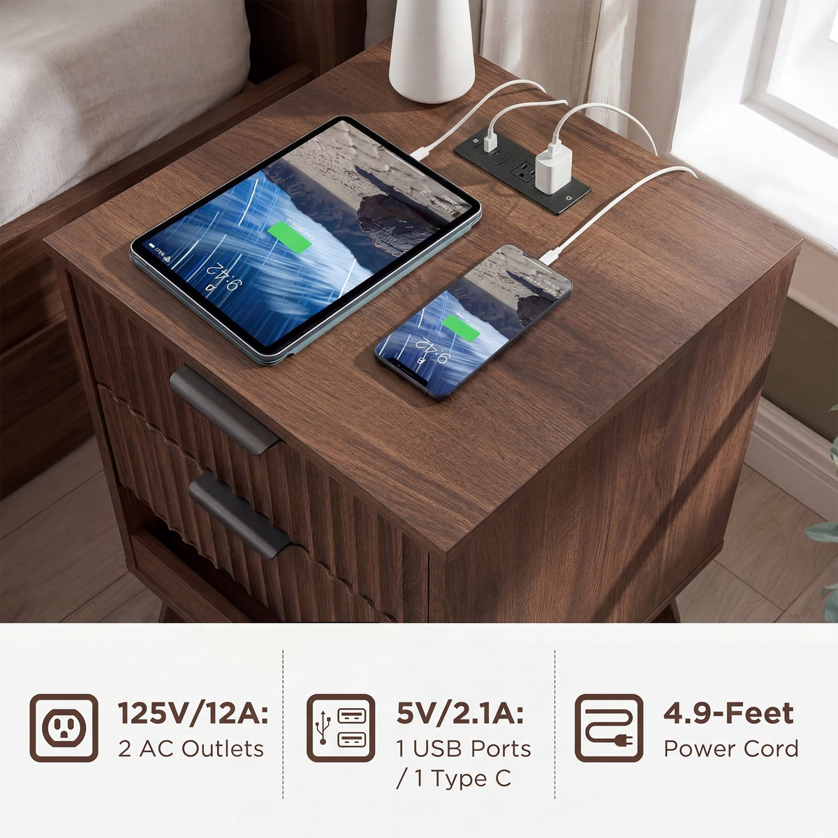 YDN Modern Tall Nightstand Set of 2 - Bedside Table with Fluted Design & Charging Station, Wooden Bedsides End Table with 2 Drawers and Storage Shelf for Bedroom, Living Room,Walnut