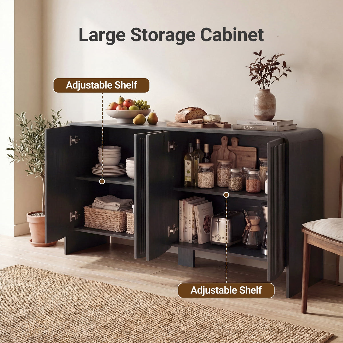 YDN Modern Sideboards and Buffets - 58" Sideboard Cabinet with Rounded Edges, Wood Buffet Cabinet with W/4 Doors & Adjustable Shelves,Fluted Accent Cabinet for Kitchen Living Room Entryway,Black
